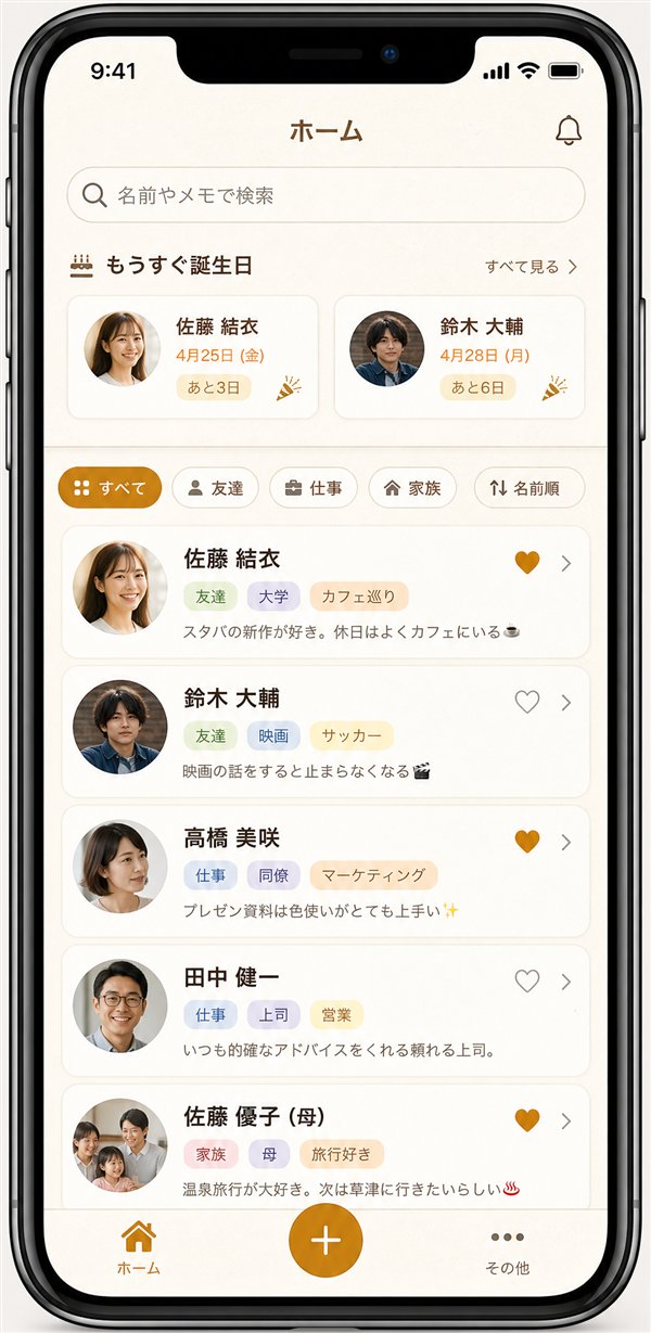 ともめものホーム画面。もうすぐ誕生日の人が上部に並び、その下に顔写真つきで登録した人が、タグとひと言メモとともに一覧表示されている。